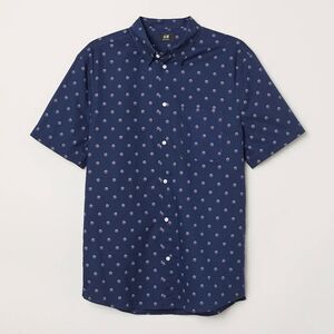 H&M Casual Cotton Button Down Shirt Dark Blue With White Spotted Print Medium